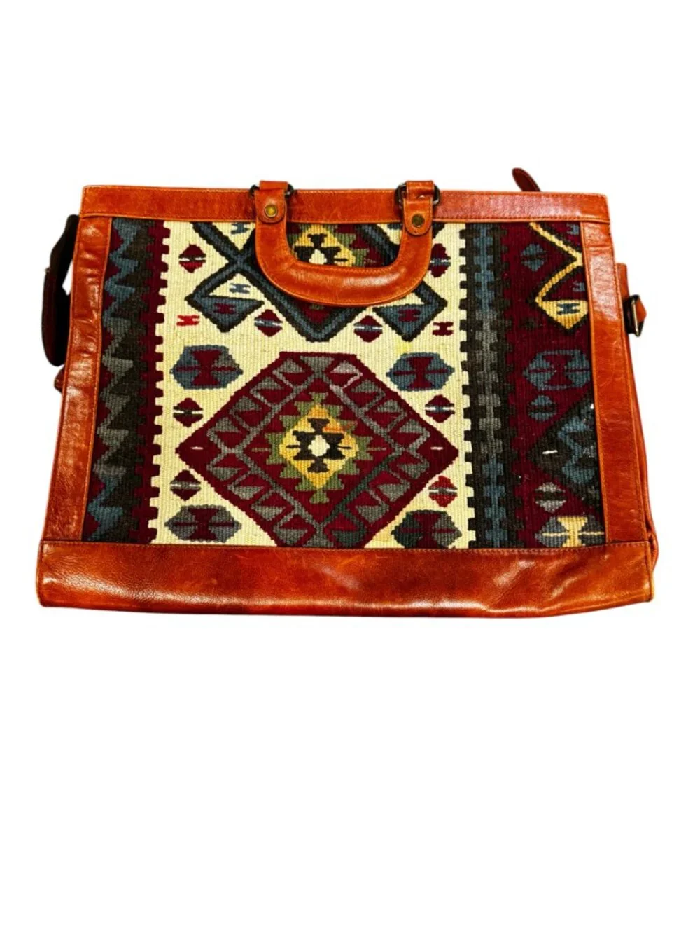 Vintage Kilim Leather Briefcase Bag Wool Southwest Boho Tote Mexico